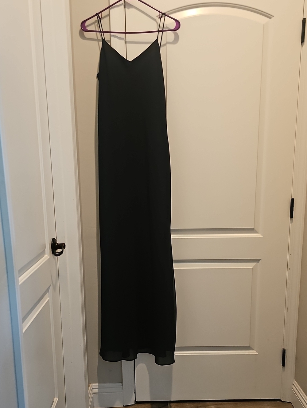 90s Vintage Black V-Neck Spaghetti Strap Maxi Dress Double Split On Side